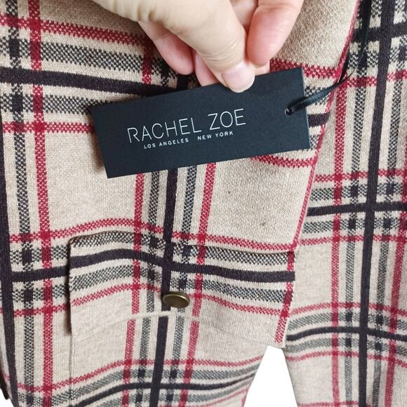 Rachel Zoe NWT Plaid Moto Jacket Sz M Zip Front Snap Pockets Red Beige Check - Picture 8 of 10
